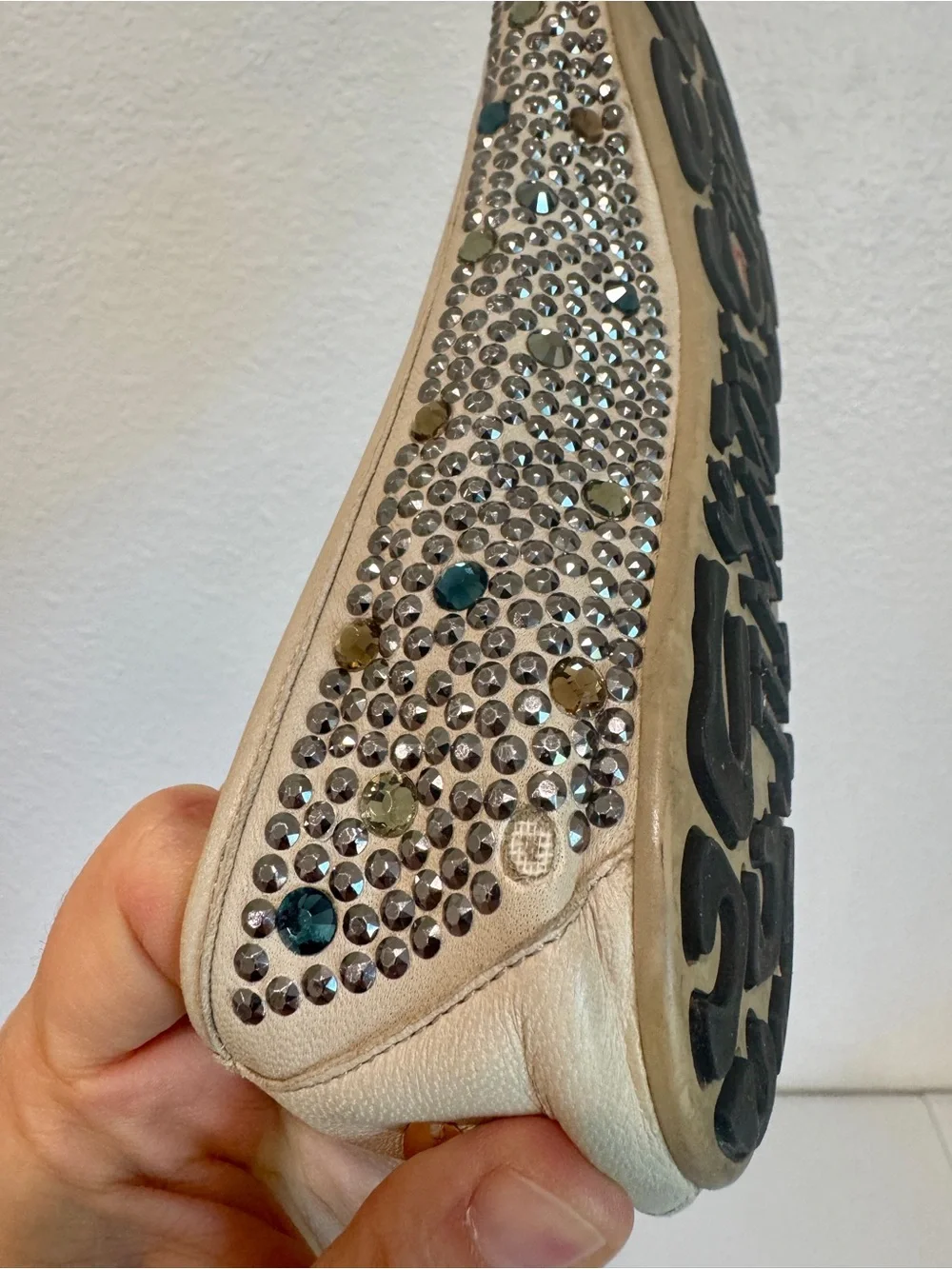 Jimmy Choo Wray Crystal Studded Leather Ballet Flats Bow Cream Gold EU 37 US 7